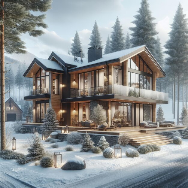 Zdjęcie zimowe schronienie nowoczesny dom miejski w śnieżną noc