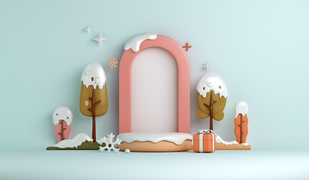 Zimowe tło dekoracji podium z płatkami śniegu, drzewami, pudełkiem prezentowym