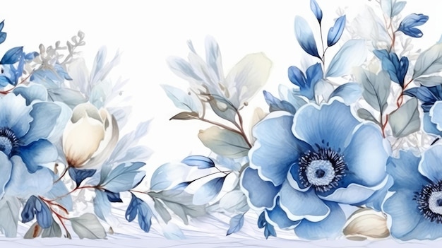Zimowe tło kwiatowy granicy w kolorze niebieskim z akwarelą liścia