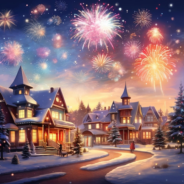 Zimowe tło świąteczne Nowy rok039s ogród zimowy Boże Narodzenie fajerwerki Generatywna sztuczna inteligencja