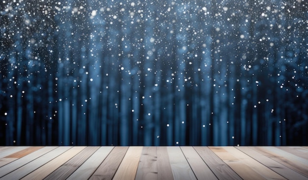 Zdjęcie zimowe tło z światłami bokeh i drewnianym tłem w stylu jasnego niebieskiego i marynarki