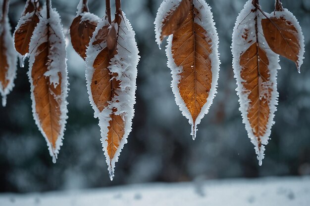 Zdjęcie zimowe tło z zawieszonymi zamarzniętymi liśćmi