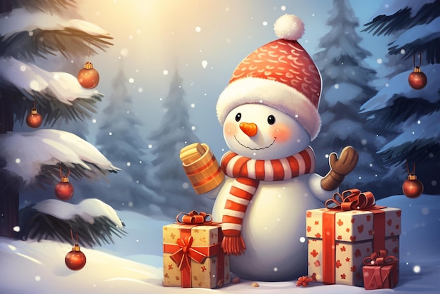 Zimowe wakacje choinka i słodki biały niedźwiedź w kapeluszu Świętego Mikołaja z pudełkiem podarunkowym AI