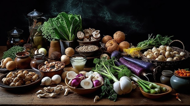 Zdjęcie zimowe wegetariańskie, wegańskie składniki do gotowania żywności generatywna sztuczna inteligencja
