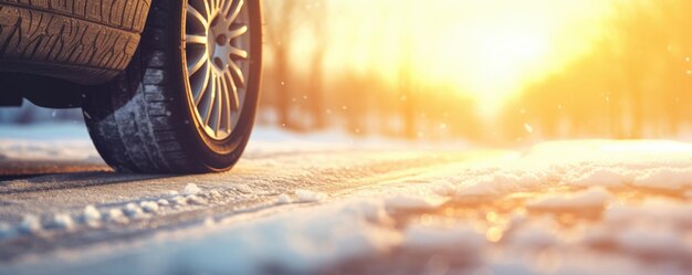 Zimowe zaśnieżone opony samochodowe w sezonie zimowym na mokrej panoramie banera drogowego Generative Ai