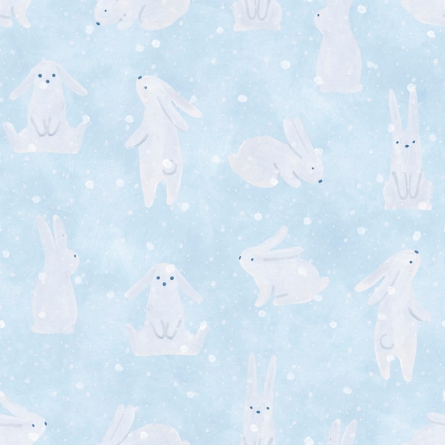 Zimowy bezszwowy wzór z akwarelowymi królikami. Śliczne króliki i białe kropki.