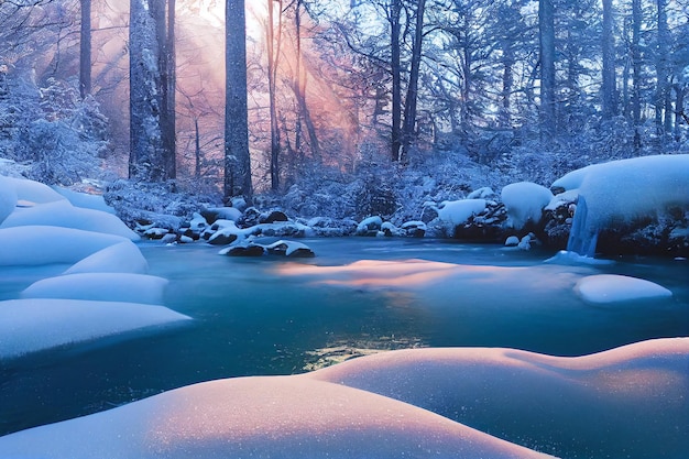 Zimowy Dziewiczy Strumień W Porannym Mistycznym Lesie Zarośla 3d Dzieła Sztuki W Tle