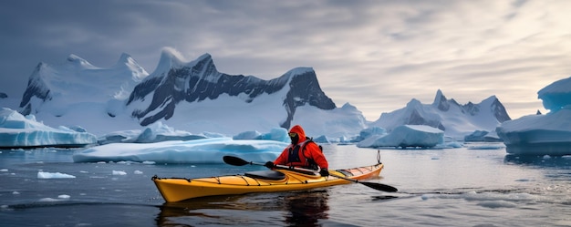 Zimowy kajakarz wiosłujący kajakiem morskim między górami lodowymi Generatywna ai