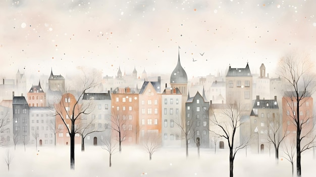 Zdjęcie zimowy krajobraz akwarelowy miasta
