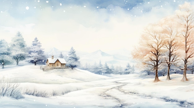 Zimowy krajobraz domu w lesie obraz akwarelowy