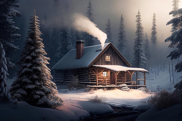 Zimowy krajobraz górski z drewnianym domem, chatą, śniegiem, oświetlonymi szczytami górskimi, wzgórzem, lasem, płaską ilustracją. Zimowy krajobraz i zimowa chata. Wesołych Świąt kartka z domem.