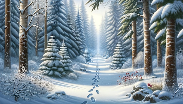 Zimowy krajobraz leśny Ścieżka z śladami stóp na śniegu
