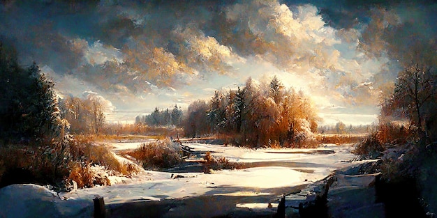 Zimowy krajobraz malarstwo tło. Zimowy krajobraz. Cyfrowa ilustracja. Obraz