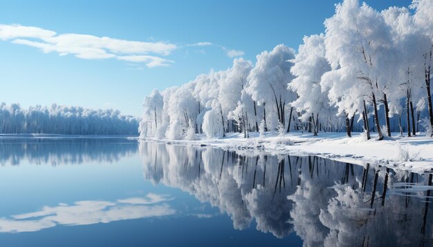 Zimowy krajobraz niebieskie niebo śnieżny las zamarznięty odbicie spokojne piękno generowane przez sztuczną inteligencję