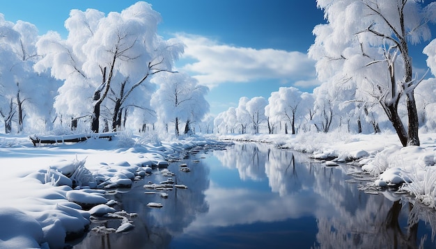 Zimowy krajobraz pokryty śniegiem las spokojny odbicie zimna góra piękno generowane przez sztuczną inteligencję