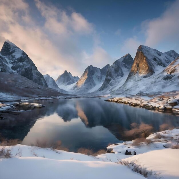 Zimowy krajobraz skalistych gór z niebieskim niebem czysty biały śnieg pokrył wszystko wokół naturalne