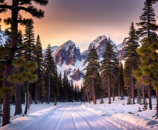 zimowy krajobraz śnieżna droga z drzewami i górami