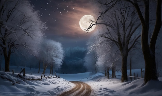 Zdjęcie zimowy krajobraz śnieżne nocne niebo droga idąca daleko