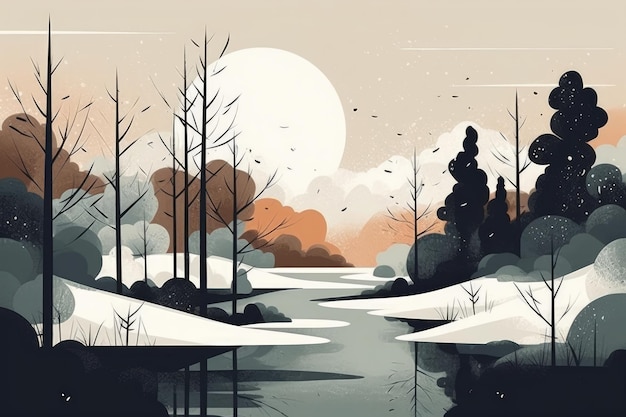 Zimowy krajobraz spokojnych gór i wzgórz przedstawiony na minimalistycznej ilustracji Miękkie kolory
