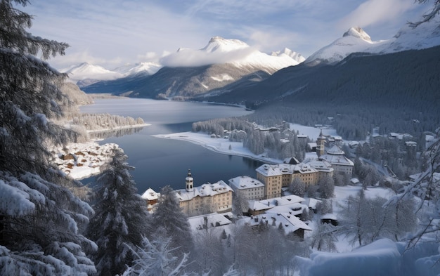 Zimowy krajobraz w St. Moritz w dolinie Engadyny w Szwajcarii Generacyjna sztuczna inteligencja