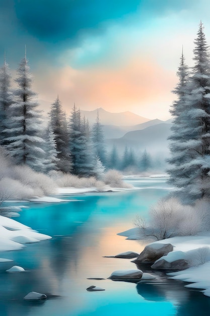 Zimowy krajobraz w stylu retro Piękne akwarele zimowego jeziora między wysokimi górami
