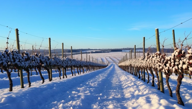 Zimowy krajobraz winnicy ze śniegiem i czystym błękitnym niebem