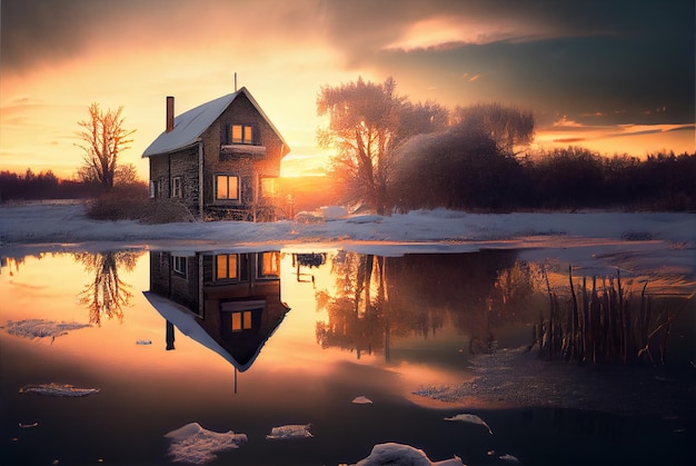 Zimowy krajobraz z domem i rzeką o zachodzie słońca generatywne AI