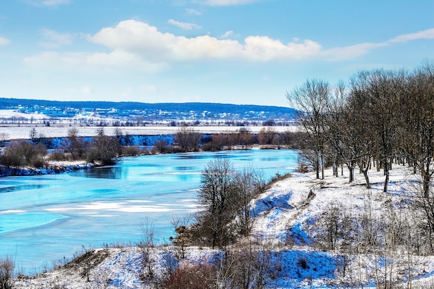 Zimowy krajobraz z drzewami na wzgórzu nad rzeką