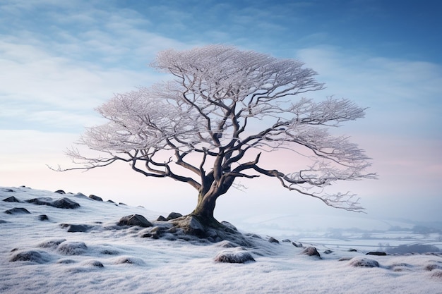 Zimowy krajobraz z drzewem bez liści