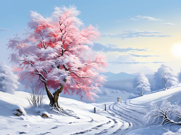 Zimowy krajobraz z drzewem Zima w stylu koloru