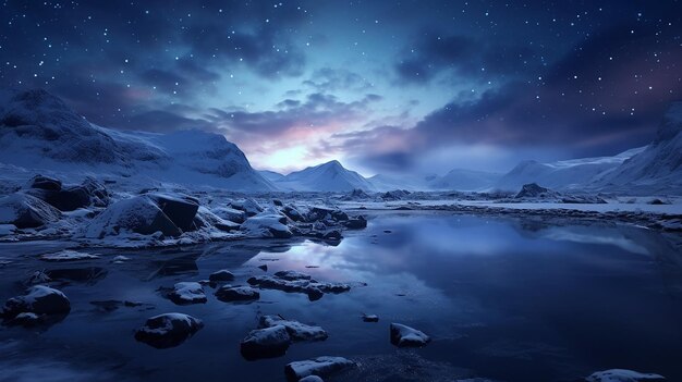 Zimowy krajobraz z gwiezdnym niebem i spokojną zamarzniętą laguną
