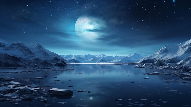 Zimowy krajobraz z gwiezdnym niebem i spokojną zamarzniętą laguną