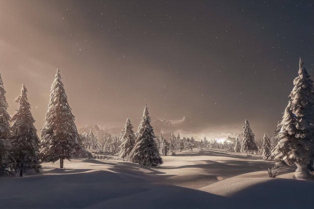 Zimowy krajobraz z lampkami choinkowymi na drzewach