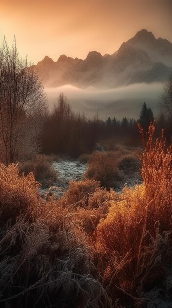 Zimowy krajobraz z mglistym niebem i polem trawy.