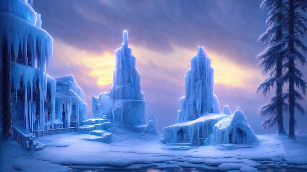 Zimowy krajobraz z neonowym zachodem słońca Duże bloki lodu zamrożonych drzew Fantasy zima śnieżny krajobraz Frozen nature 3D illustration