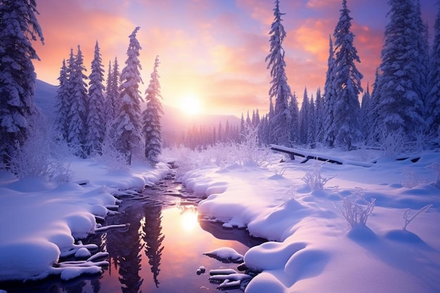 Zimowy krajobraz z rzeką i drzewami pokrytymi śniegiem