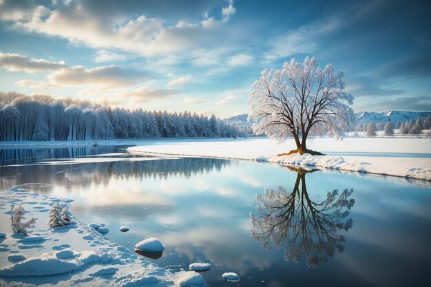 Zimowy krajobraz z samotnym drzewem na jeziorze i odbiciem w wodzie