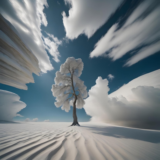 Zdjęcie zimowy krajobraz z samotnym drzewem na pustyni generatywny ai