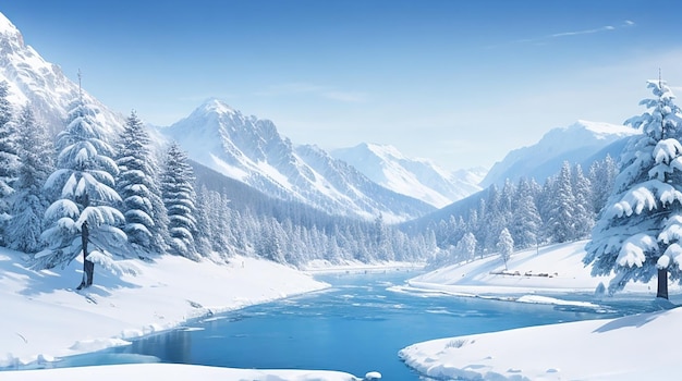 Zimowy krajobraz z zamarzniętymi sosnami rzeki i górami ilustracja śnieżny zimowy tło