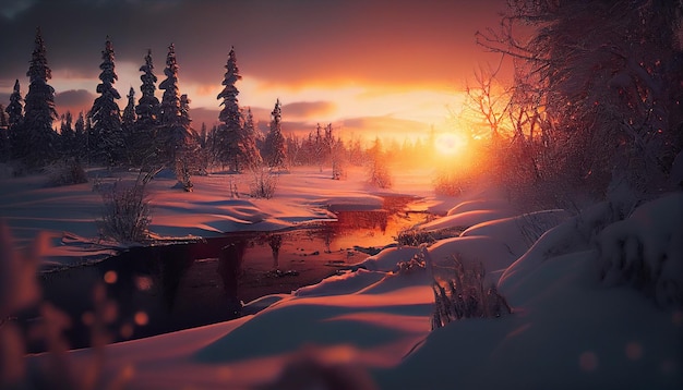 Zimowy krajobraz z zaśnieżoną drogą i drzewami o zachodzie słońca generatywny ai