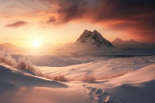Zimowy krajobraz ze śniegiem i zachodem słońca