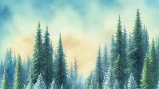 Zimowy las sosnowy krajobraz Górska sceneria na białym tle Sosna lub jodła