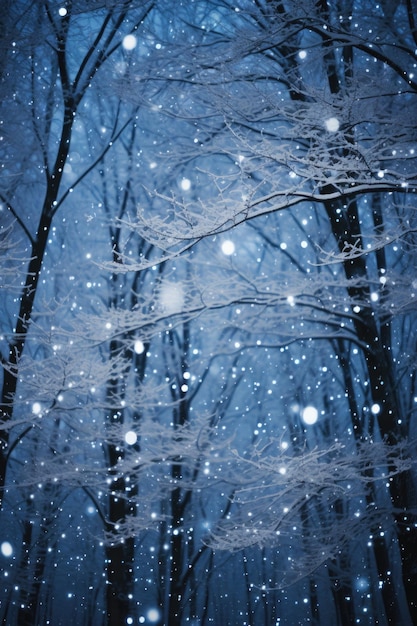 Zimowy las ze śniegiem padającym na drzewa ai