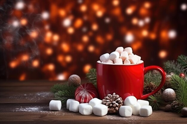 Zdjęcie zimowy napój kakaowy z białym marshmallow w białym kubku z choinką na tle