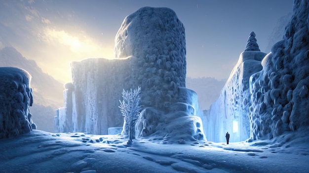 Zimowy noc fantasy krajobraz Ancient kamienny zamek w ?niegu Neon zachód s?o?ca ilustracji 3D