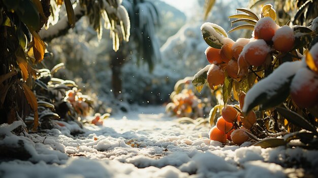 Zimowy poranek w tropikalnym sadze owocowym ze śniegiem podkreślającym egzotyczne kształty i kolory