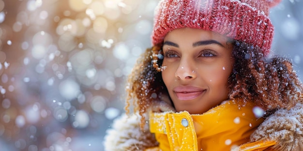 Zimowy portret kobiety cieszącej się płatkami śniegu w żółtym płaszczu