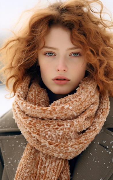 Zimowy portret pięknej młodej kobiety z latającymi włosami i spadającymi płatkami śniegu
