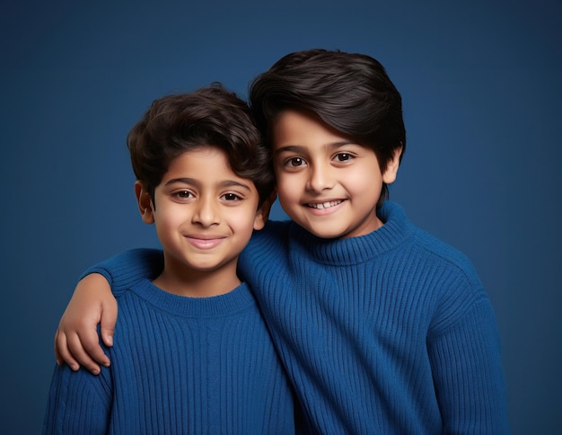 Zimowy portret szczęśliwych indyjskich dzieci w swetrze patrzących na kamerę z uśmiechem