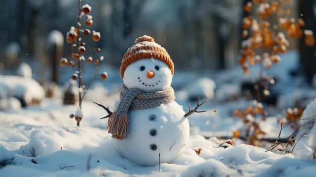 Zimowy śnieżak Zbliżenie uroczego zabawnego śmiejącego się śnieżaka z wełnianym kapeluszem i szalikem